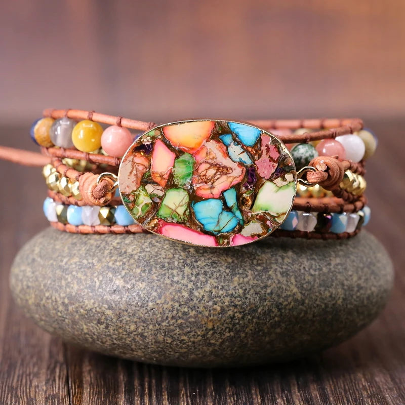 Women Wrap Bracelet Natural Stone Rhinestone Leather Cuff