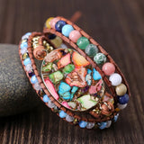 Women Wrap Bracelet Natural Stone Rhinestone Leather Cuff