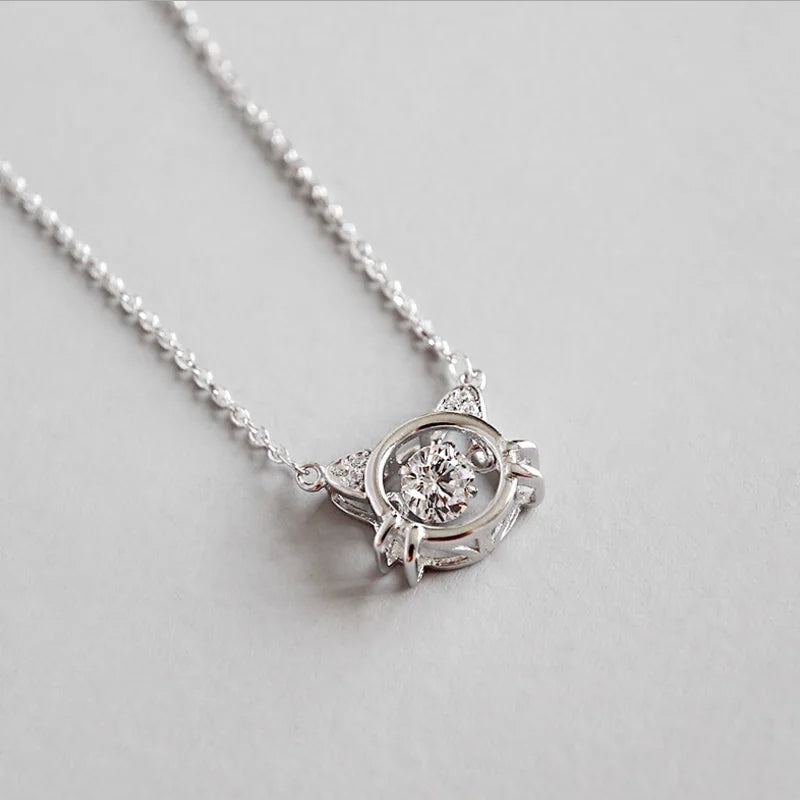 925 Silver CZ Zircon Sweet Crystal Kitty Pendant Necklace Gift