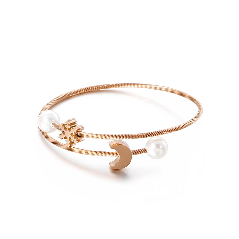 Moon Snow Simulated-Pearl Women Bangle Stainless Steel Girls Jewelry