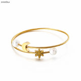 Moon Snow Simulated-Pearl Women Bangle Stainless Steel Girls Jewelry
