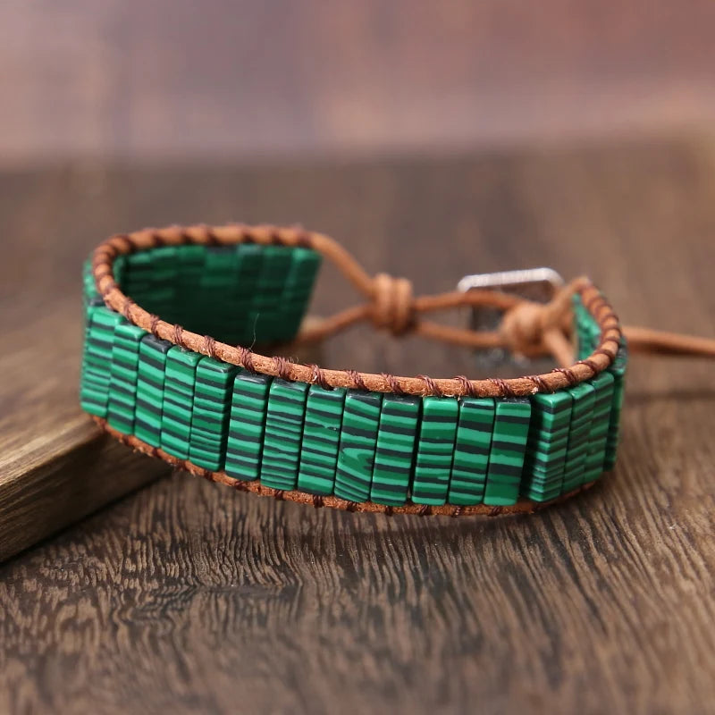 Malachite Tube Beads Leather Wrap Bracelet