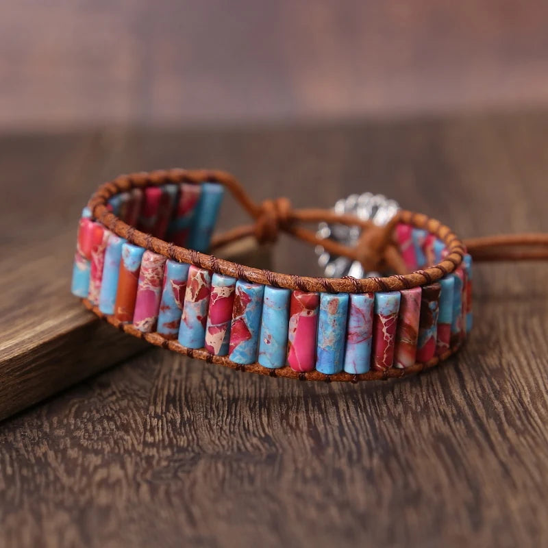 Natural Stone Tube Beads Leather Wrap Bracelet Couples Bracelets