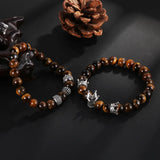 Dark Tiger Eye Bead Bracelet Bangle Micro Crown Ball Set Men Women Gift