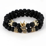 Dark Tiger Eye Bead Bracelet Bangle Micro Crown Ball Set Men Women Gift