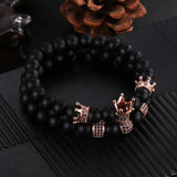 Dark Tiger Eye Bead Bracelet Bangle Micro Crown Ball Set Men Women Gift