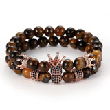 Dark Tiger Eye Bead Bracelet Bangle Micro Crown Ball Set Men Women Gift