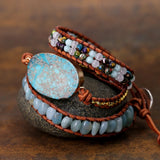 3X Leather Wrap Beaded Bracelet Huge Regalite Boho Bracelet