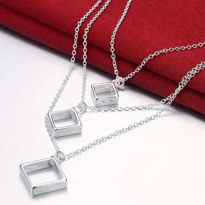 Silver 925 Necklace Women Square Shape Chains Jewelry
