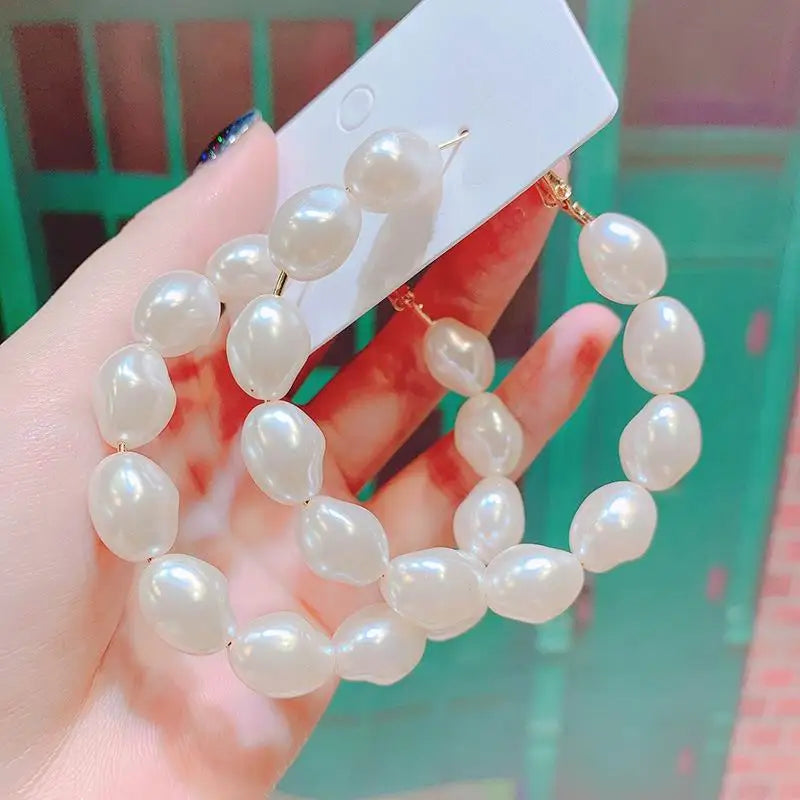 Korea Statement Irregular Pearl Big Hoop Earrings Women Jewelry