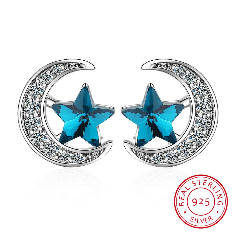925 Silver Mini Moon Star CZ Stud Earrings Women Jewelry