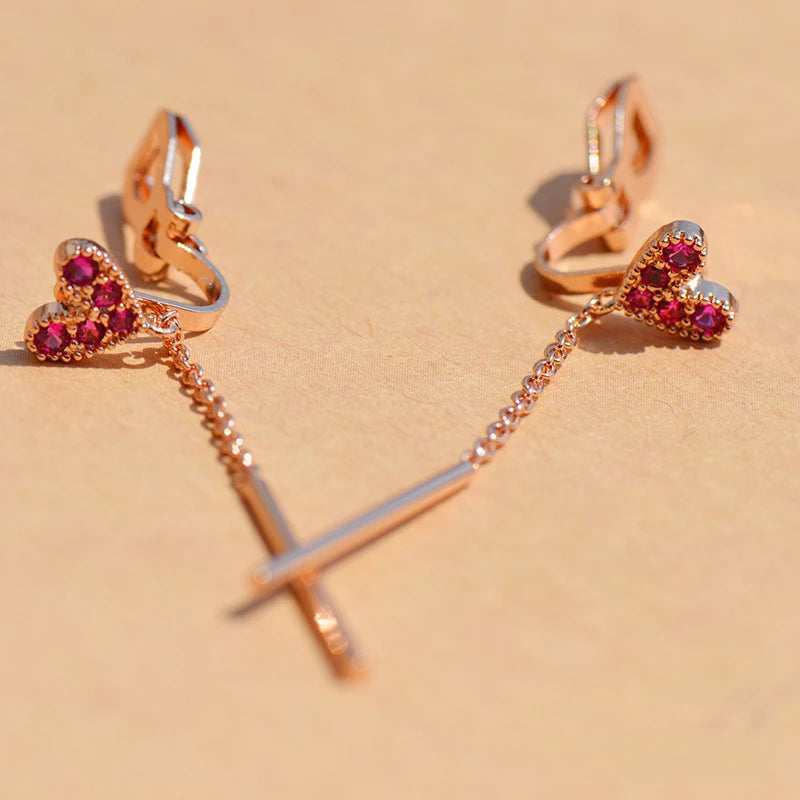 Heart & Flower Zircon Clip Earrings Tassel Ear Clips Women No Piercing