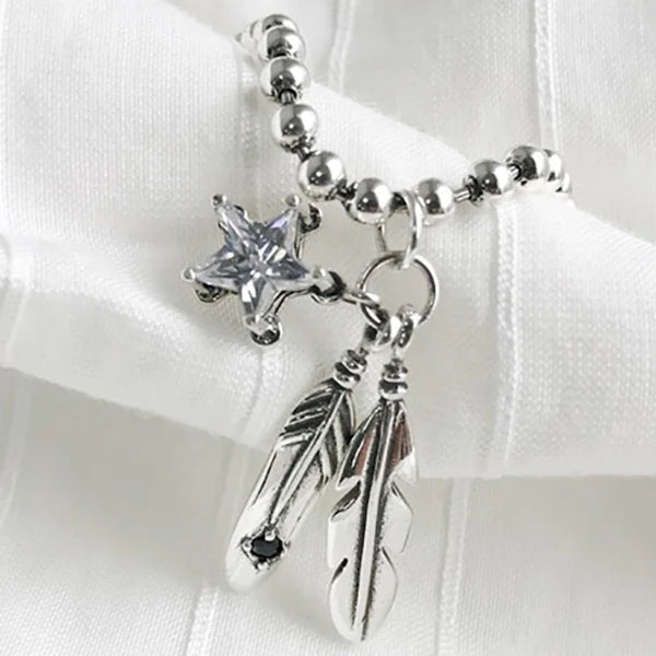925 Silver Beads Chains Zircon Star Feather Bracelet
