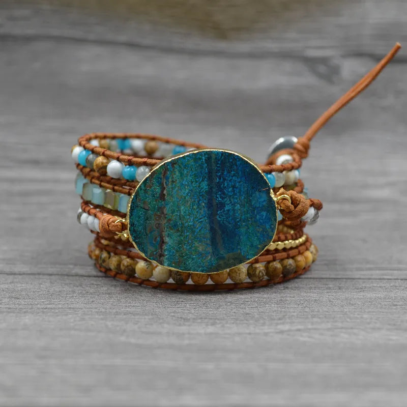 Leather Bracelet Natural Stones Gilded Stone Charm Wrap Bracelets Boho Women