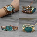 Leather Bracelet Natural Stones Gilded Stone Charm Wrap Bracelets Boho Women