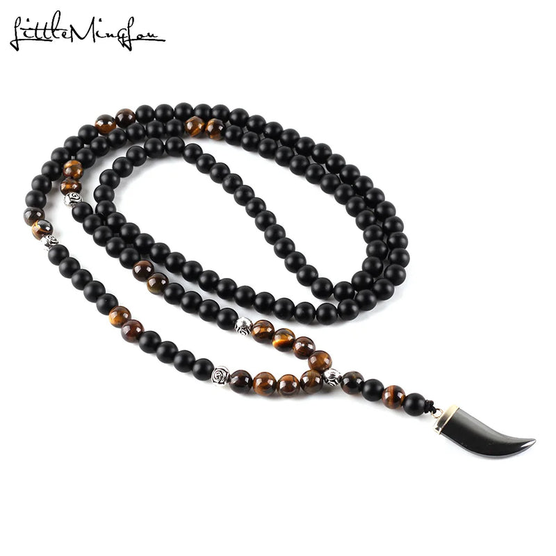 Tiger Eye Hematite Horn Tooth Pendant Necklace Men's Jewelry