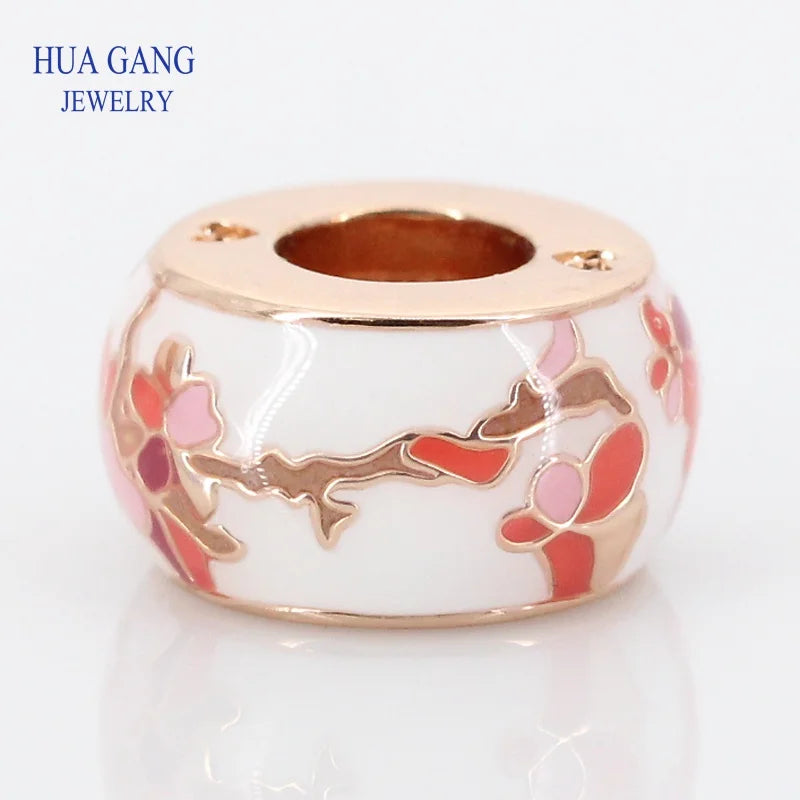 925 Silver Peach Blossom Charm Rose Glass Bead DIY Bracelet Jewelry