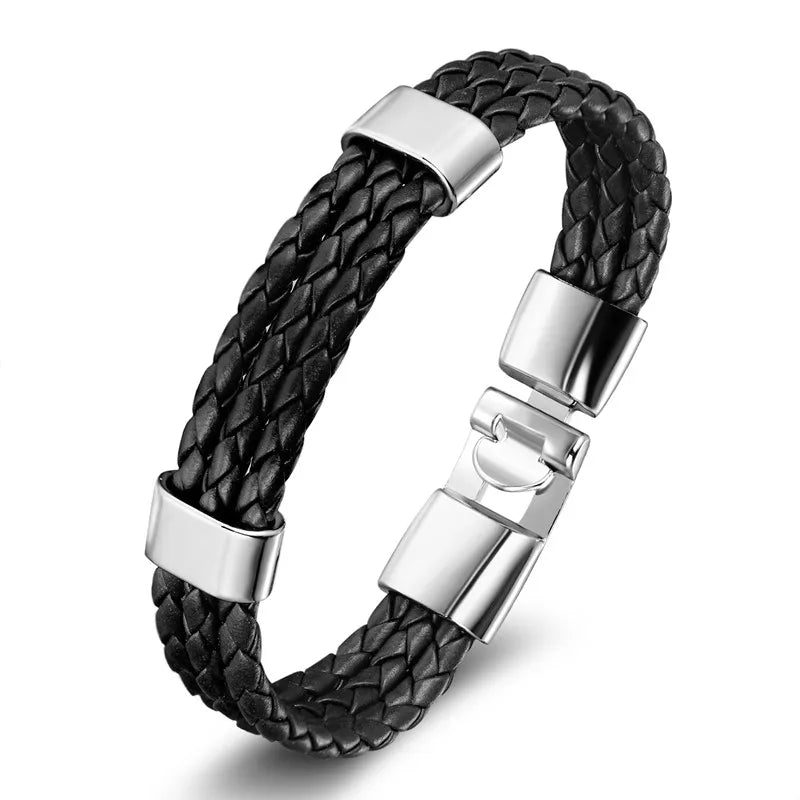 Cow Leather Bracelets Punk Vintage Stainless Steel Charm Bangles