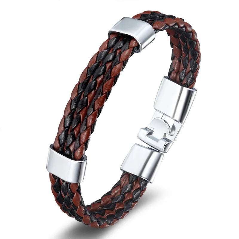 Cow Leather Bracelets Punk Vintage Stainless Steel Charm Bangles
