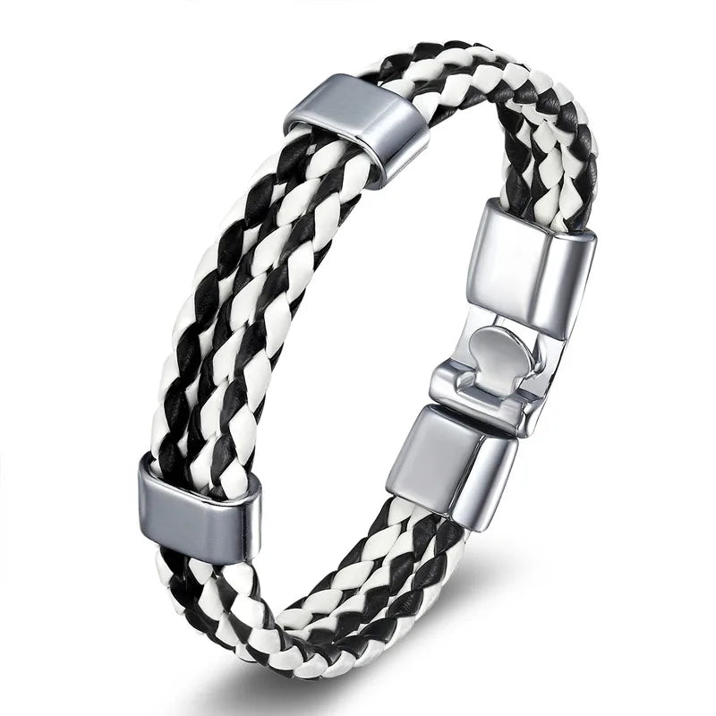 Cow Leather Bracelets Punk Vintage Stainless Steel Charm Bangles