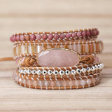 Pink Quartz Crystal Leather Bracelet 5 Strands Wrap
