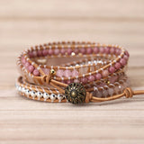 Pink Quartz Crystal Leather Bracelet 5 Strands Wrap