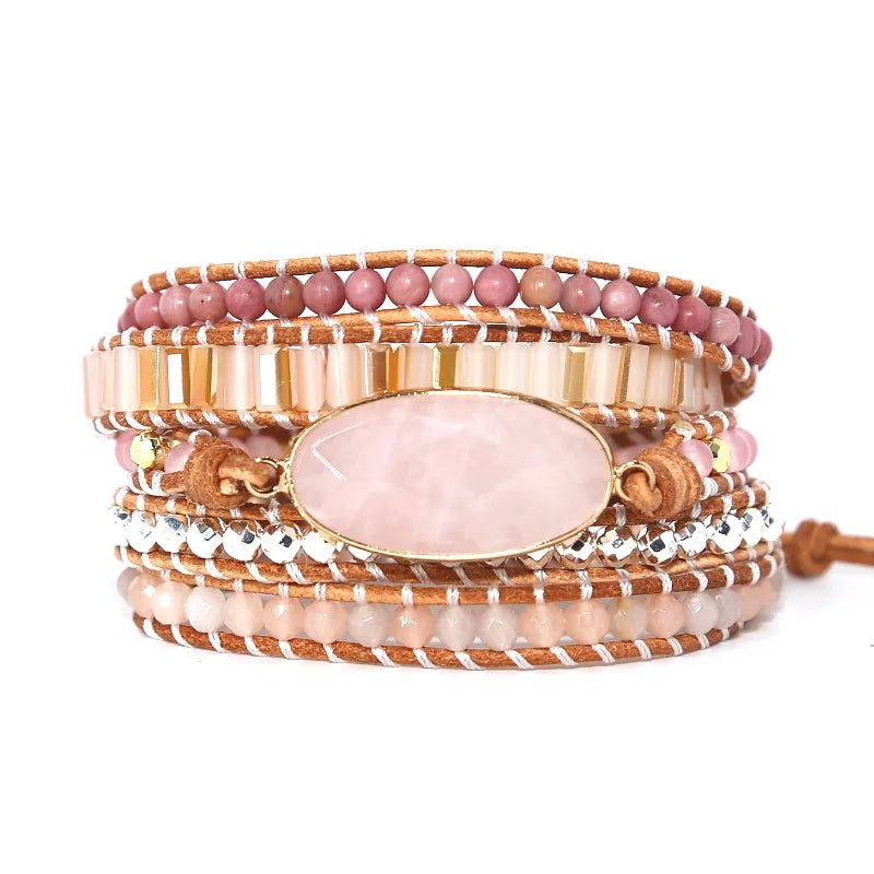 Pink Quartz Crystal Leather Bracelet 5 Strands Wrap