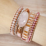 Pink Quartz Crystal Leather Bracelet 5 Strands Wrap