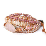 Pink Quartz Crystal Leather Bracelet 5 Strands Wrap