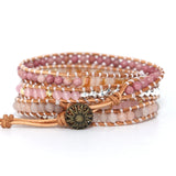 Pink Quartz Crystal Leather Bracelet 5 Strands Wrap