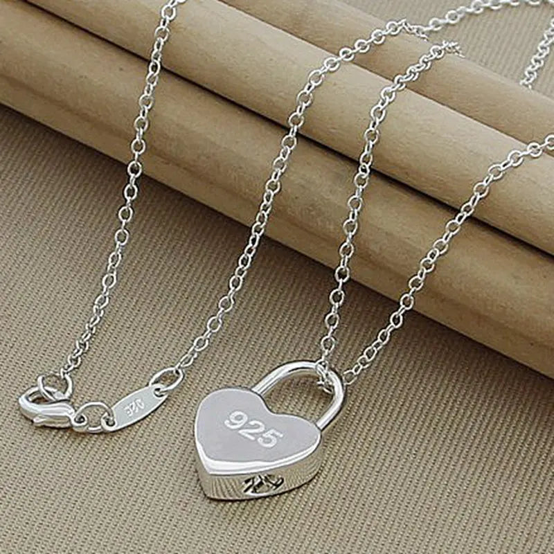 925 Silver Lock Heart Pendant Necklace for Women