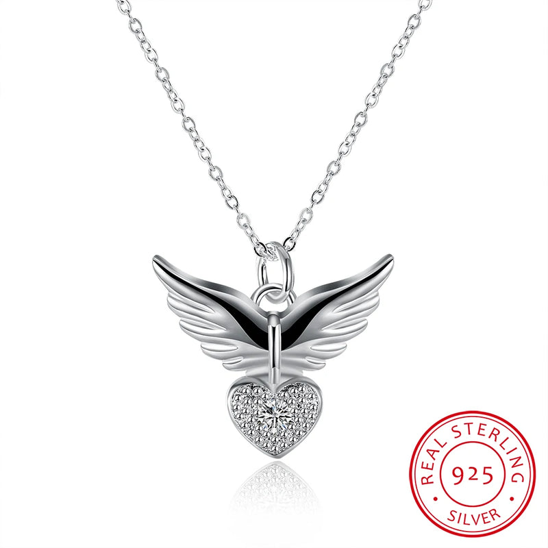 925 Silver Necklace Heart & Angel Wings Pendant Chain Jewelry