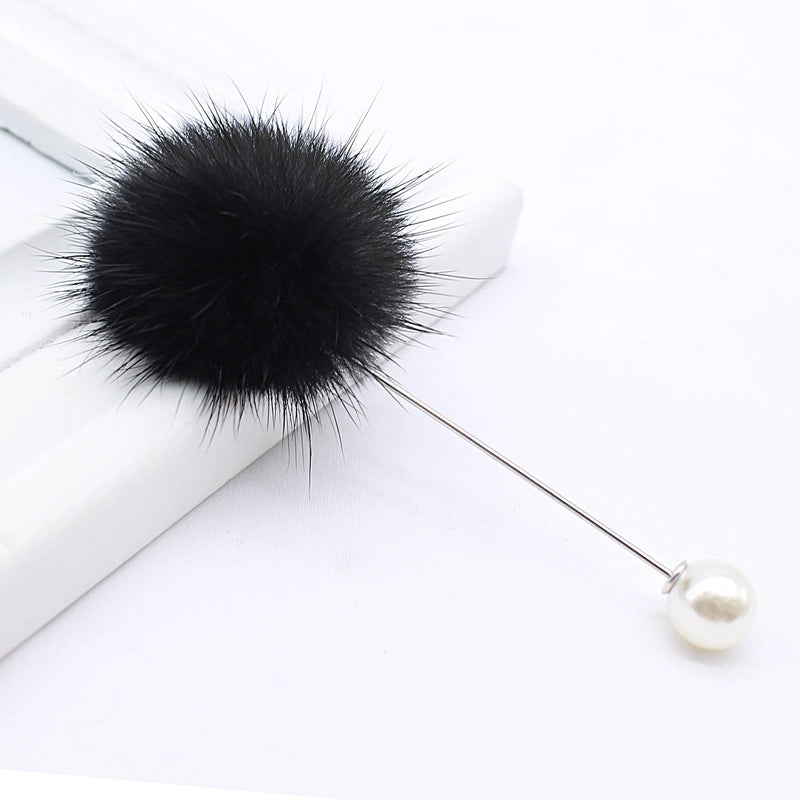 Women's Pearl Brooch Pin with Fur Ball for Lapel - Collar Jewelry