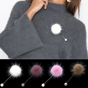 Women's Pearl Brooch Pin with Fur Ball for Lapel - Collar Jewelry