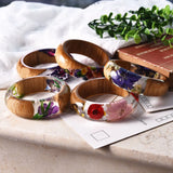 Resin Bangle Bracelet with Real Wood Purple Dried Flower Bohemia Style Bangle