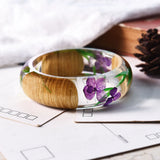 Resin Bangle Bracelet with Real Wood Purple Dried Flower Bohemia Style Bangle