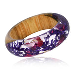Resin Bangle Bracelet with Real Wood Purple Dried Flower Bohemia Style Bangle