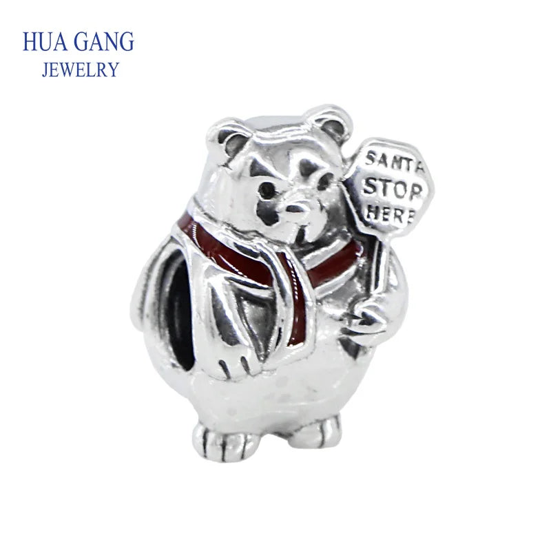 Christmas Polar Bear Charm Red Enamel 925 Sterling Silver