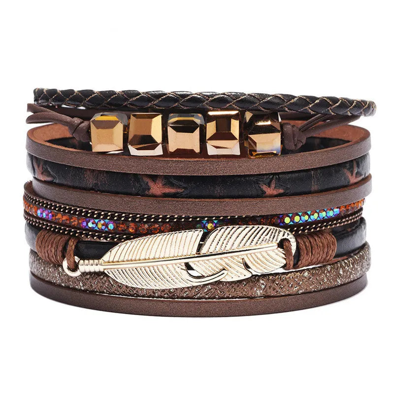 Alloy Feather Leather Bracelet Multicolor Pulseira Senhora