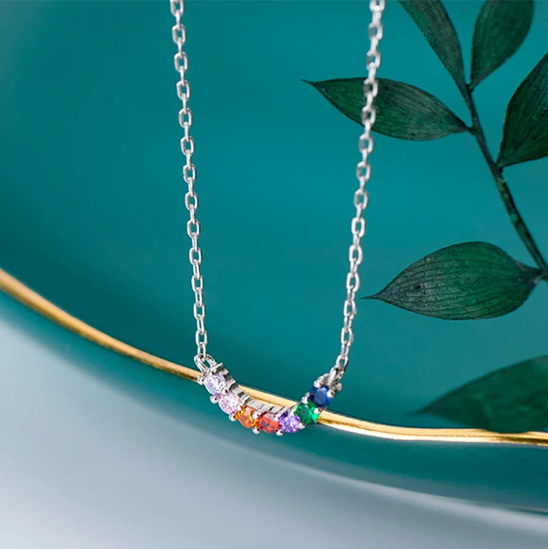 Silver 925 Necklace For Women Arc Colorful Zircon Pendant Necklaces