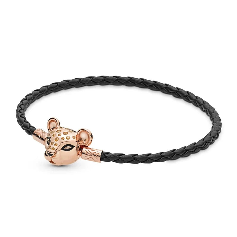 S925 Lion Princess Woven Leather Bracelet Rose Bangle