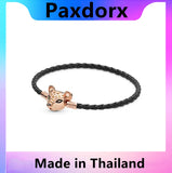 S925 Lion Princess Woven Leather Bracelet Rose Bangle