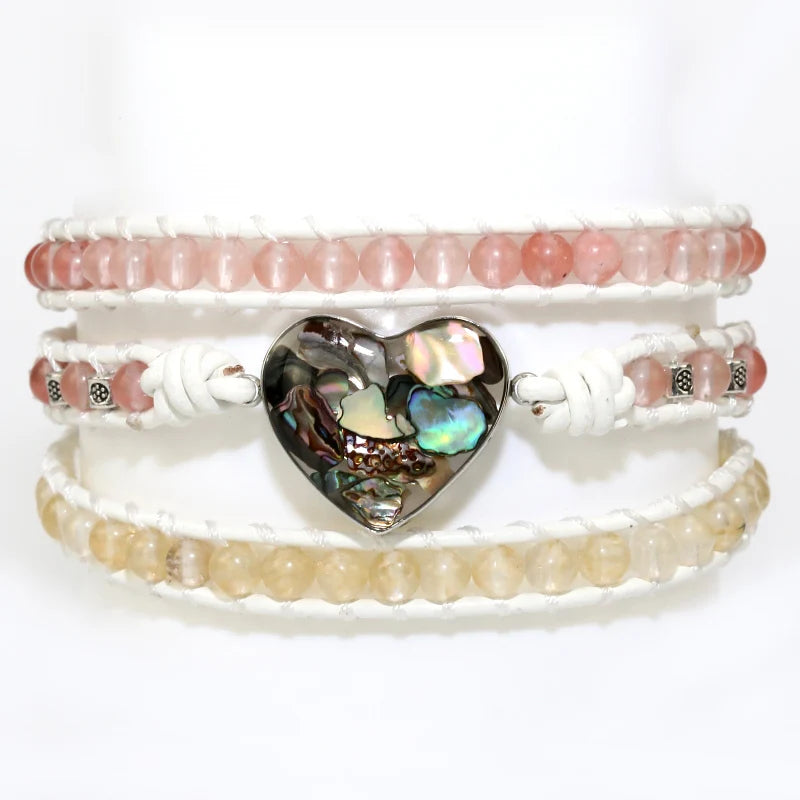Shell Charm 3 Strands Wrap Bracelet Natural Stone Boho Leather Bracelet