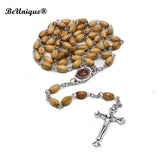 Pine Bead Cross Necklace Wooden Beads Rosary Pendant