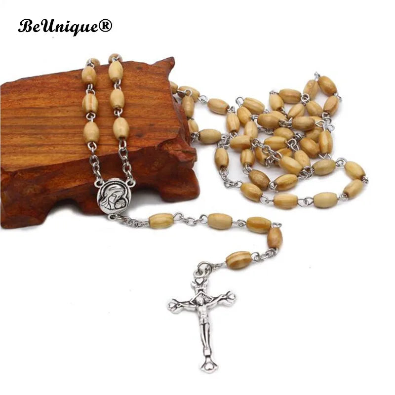 Pine Bead Cross Necklace Wooden Beads Rosary Pendant