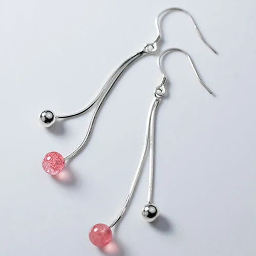 925 Silver Strawberry Quartz Tassel Chain Drop Earrings