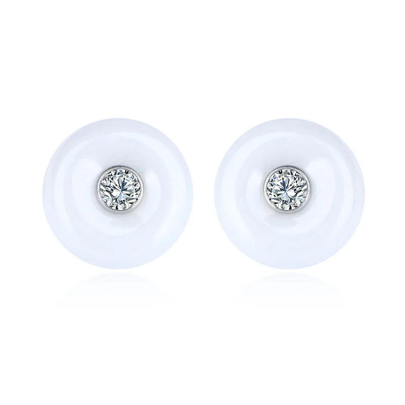 Romantic Crystal Stone Round Stud Earrings Rhinestone Ceramic Party Jewelry