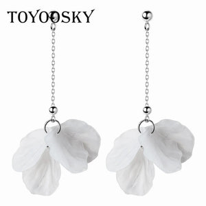 Long Petal Shell Flower Drop Earrings 925 Sterling Silver Jewelry