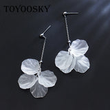 Long Petal Shell Flower Drop Earrings 925 Sterling Silver Jewelry