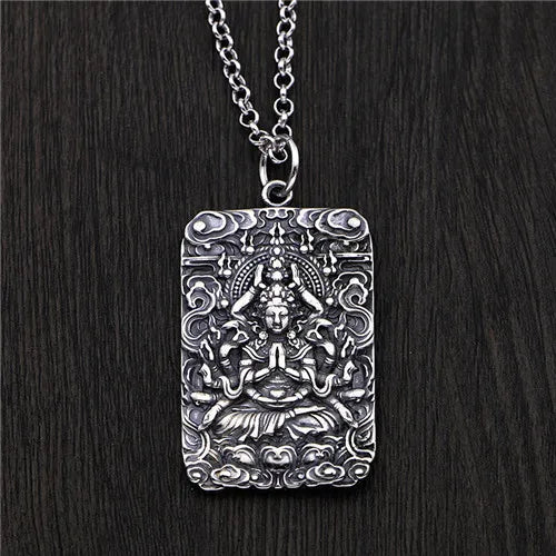 Goddess of Mercy Silver Buddha Pendant Necklace Lucky Amulet